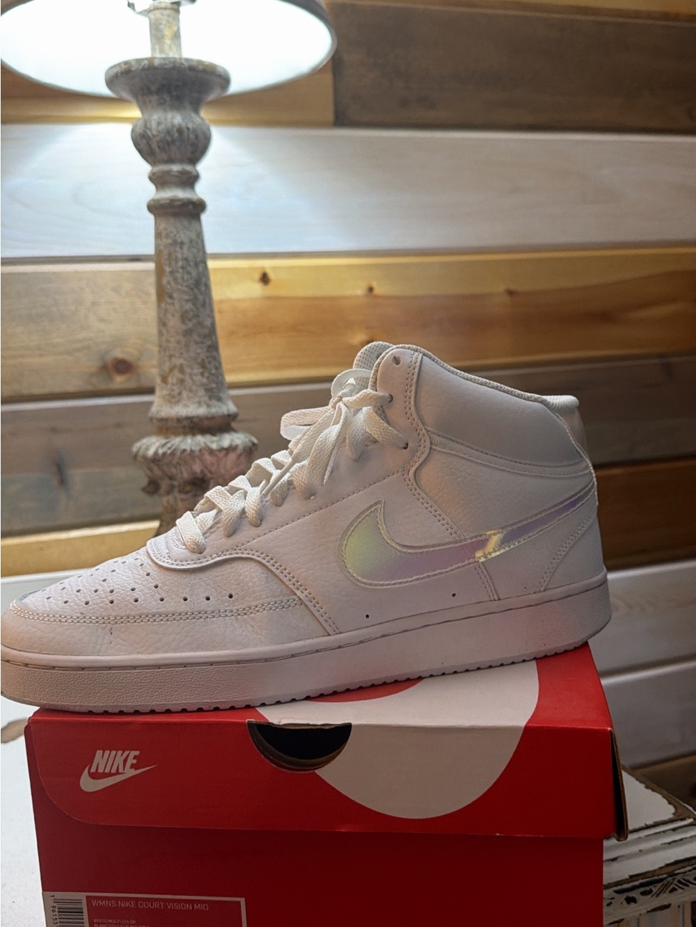 Nike Women’s White Mid-Top Sneakers with Iridescent Swoosh